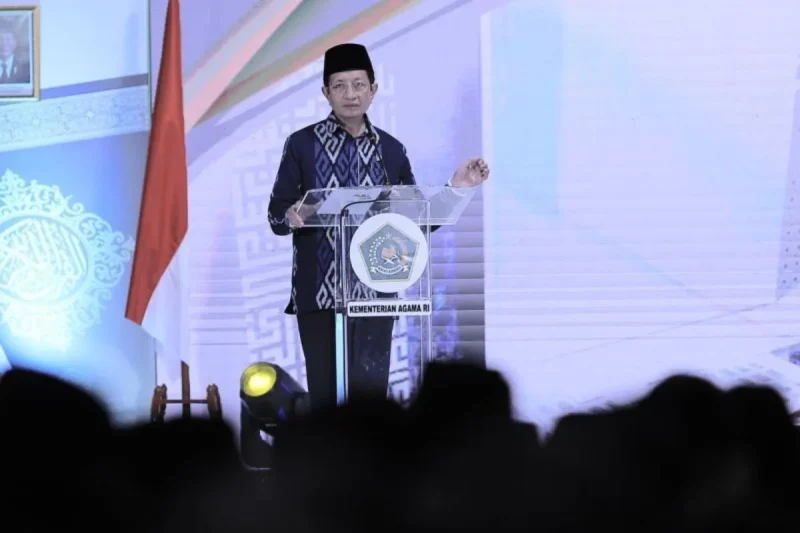 Menteri Agama RI Nasaruddin Umar saat peresmian Gedung Pusat Literasi Keagamaan Islam (PLKI) Unit Percetakan Al Quran (UPQ) di Ciawi, Bogor, Rabu (4/12/2024) (ANTARA/HO-Kemenag).